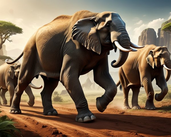Herd of Elephants in Sunlit Savanna Landscape