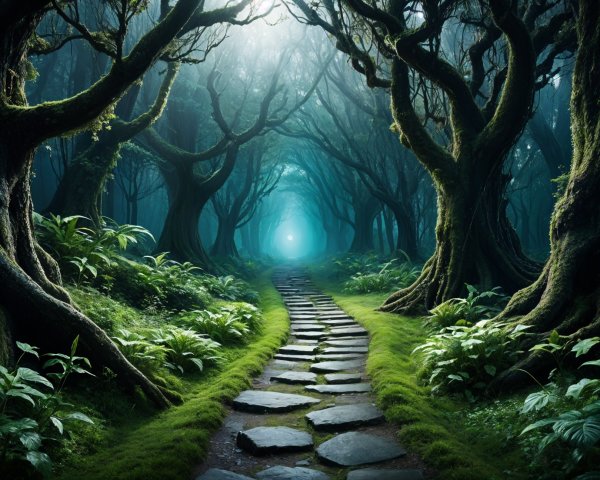 Mystical Forest Pathway Through Tall Dark Trees