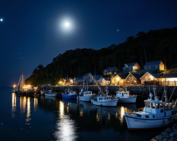 Serene Nighttime Harbor Scene with Fishing Boats