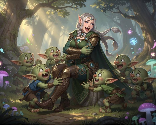 Elf Woman Surrounded by Playful Goblins in Forest