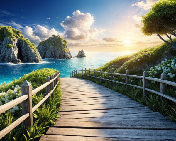 Coastal Scene with Pathway and Vibrant Nature