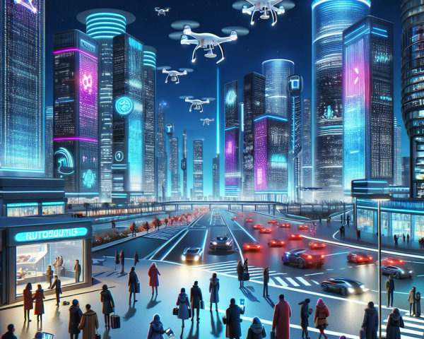 Vibrant futuristic cityscape with neon lights and drones