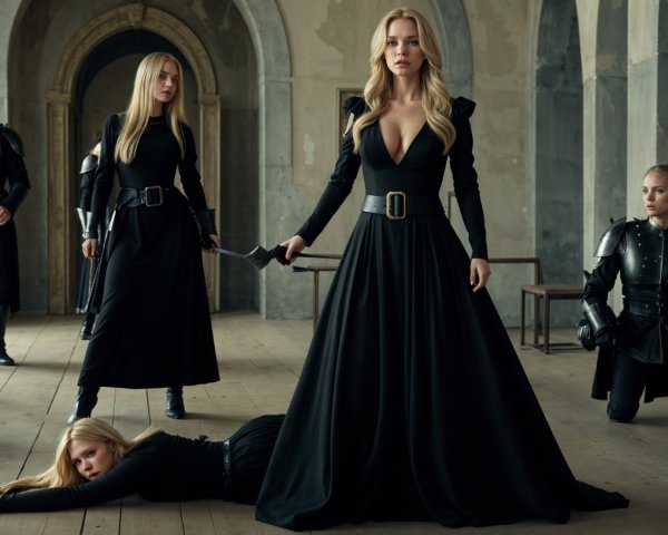 Powerful Woman in Black Dress Amidst Tense Atmosphere