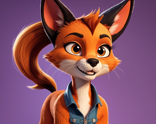 Cheerful animated fox character with denim jacket