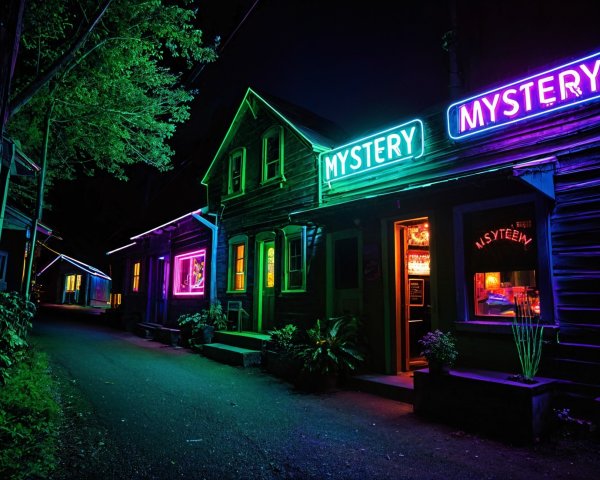 Dimly Lit Alleyway with Neon "MYSTERY" Signs