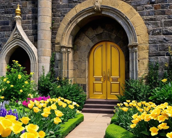 Charming Stone Building with Colorful Garden Pathway