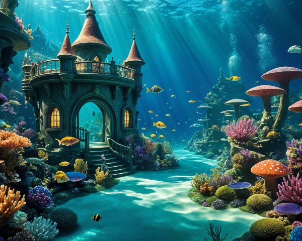 Vibrant Underwater Scene with Whimsical Castle