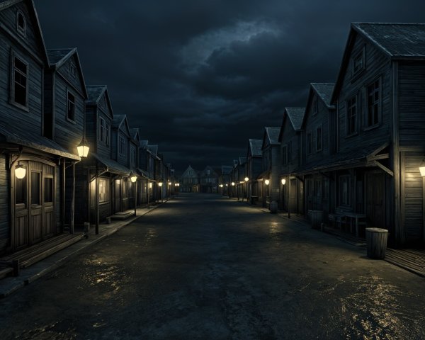 Eerie Street with Wooden Houses and Gas Lamps
