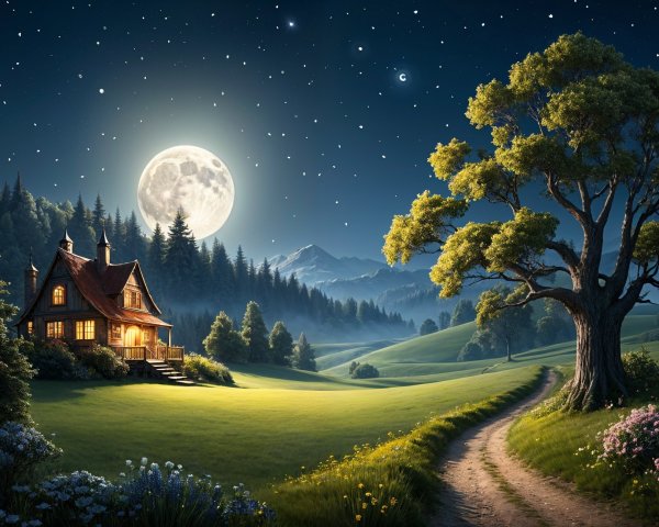 Serene Nighttime Landscape with Cottage and Moonlight
