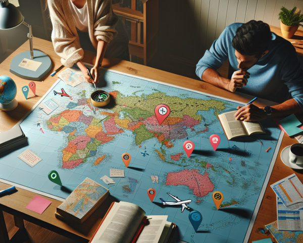 Individuals Planning Trip with World Map and Guides