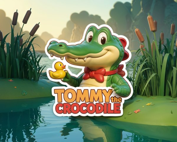Cheerful Cartoon Crocodile with Rubber Duck in Nature