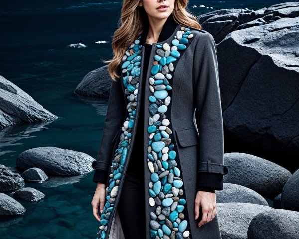 Woman in stylish coat by rocky shoreline