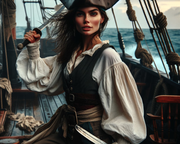 Portrait of a female pirate on an old ship's deck