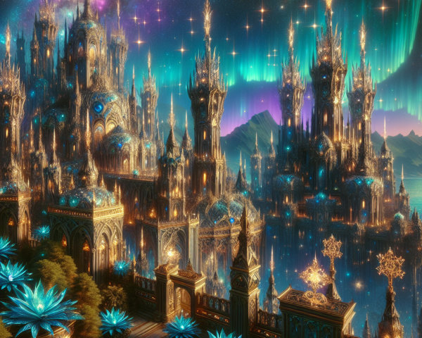 Fantastical cityscape under cosmic sky with auroras