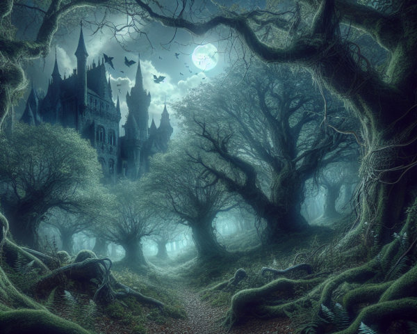 Moonlit Forest Surrounding an Ancient Gothic Castle