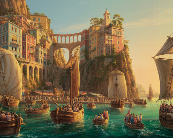 Vibrant Coastal Scene with Colorful Cliffs and Sailboats