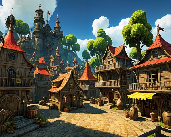 Whimsical Village with Wooden Houses and Castle Backdrop
