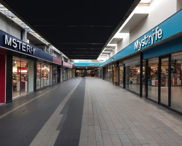 Shopping Corridor with Retail Stores and Bright Facades