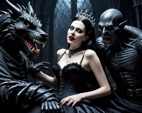 Gothic Scene with Mysterious Woman and Creatures