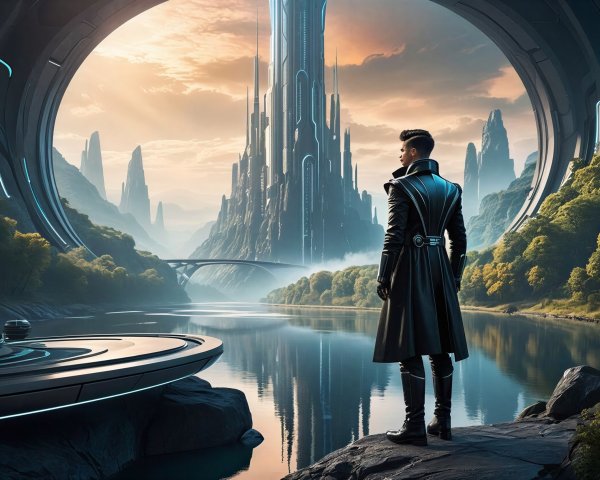 Lone Figure Overlooking Futuristic City at Dusk