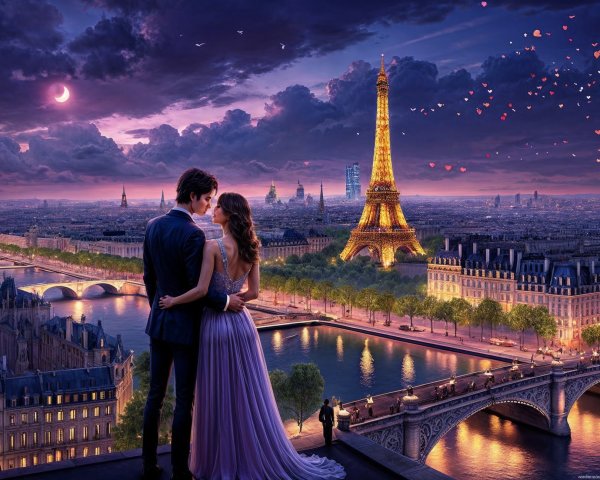 Romantic Paris Scene with Eiffel Tower and Twilight Sky