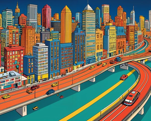Vibrant Urban Landscape with Colorful City Skyline
