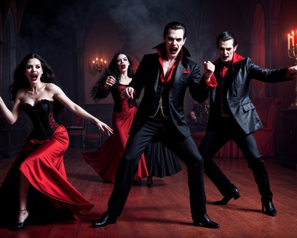 Gothic Setting with Four Dramatic Figures in Dark Attire