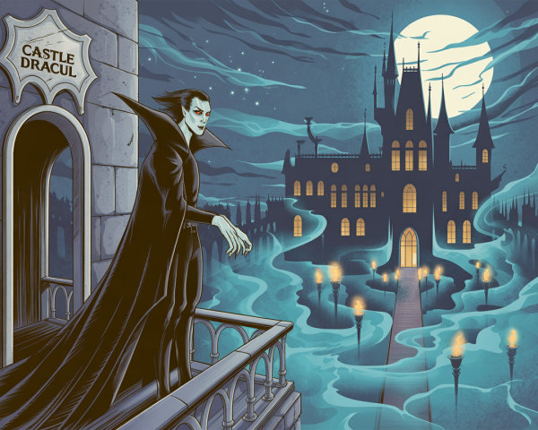 Gothic Castle Scene with Pale Figure and Moonlight