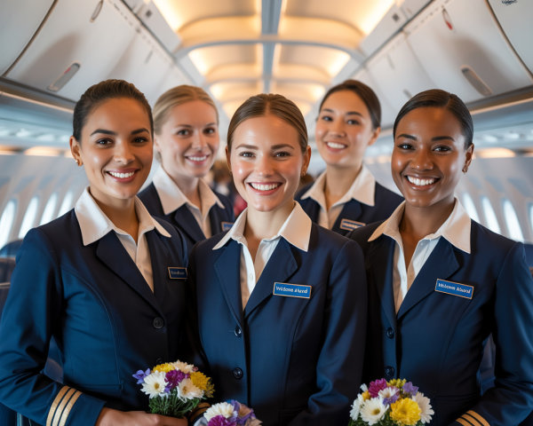 Flight Attendants in Navy Uniforms with Bouquets Inside Airplane