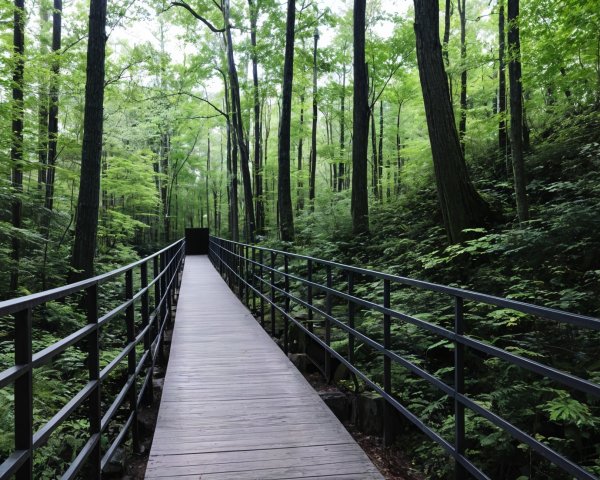 Wooden Boardwalk in a Lush Forest Setting