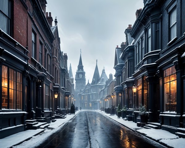 Snow-Covered Street with Historic Buildings and Clock Tower
