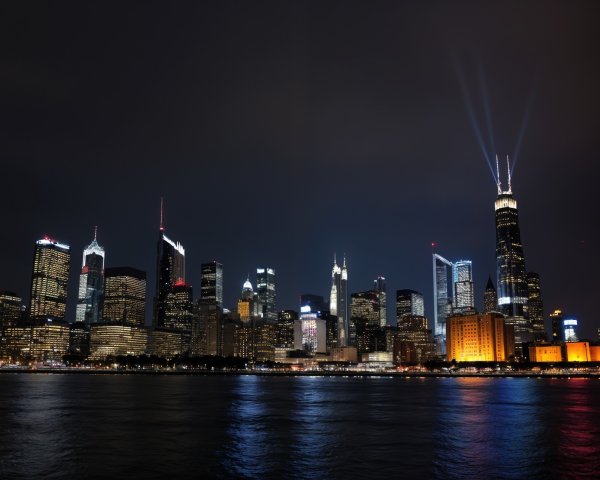 Vibrant Night City Skyline with Skyscrapers and Lights