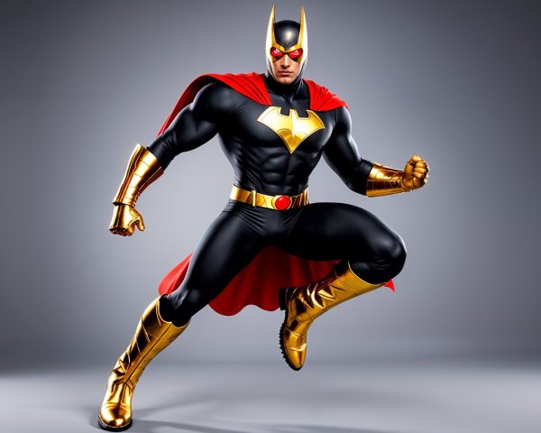 Muscular Superhero in Black and Gold Costume Design