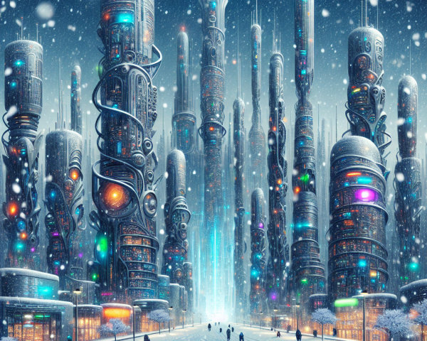 Futuristic Cityscape Covered in Snow and Lights
