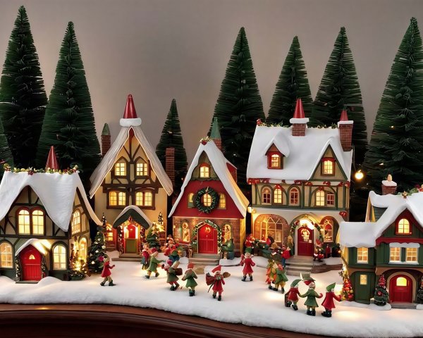 A Christmas Village Scene with Snow and Miniature Elves