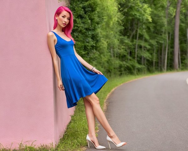 Young woman in blue dress by pastel pink wall