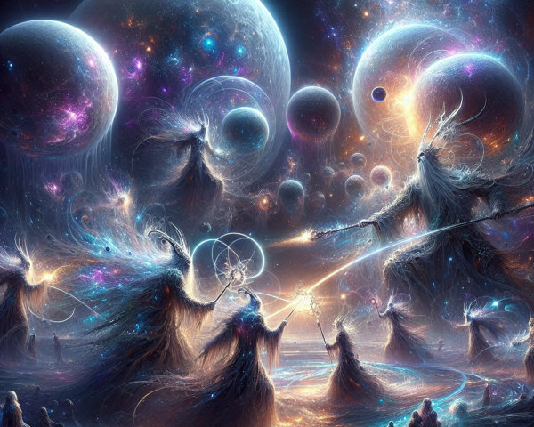 Cosmic Gathering of Ethereal Figures and Galaxies