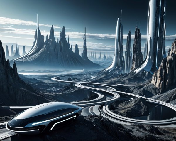 Futuristic landscape with advanced vehicles and mountains