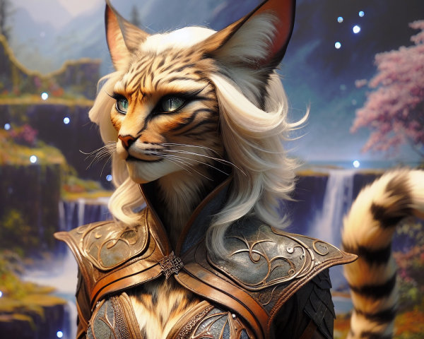 Anthropomorphic feline character in ornate armor