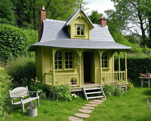 Whimsical Green Cottage Surrounded by Lush Garden