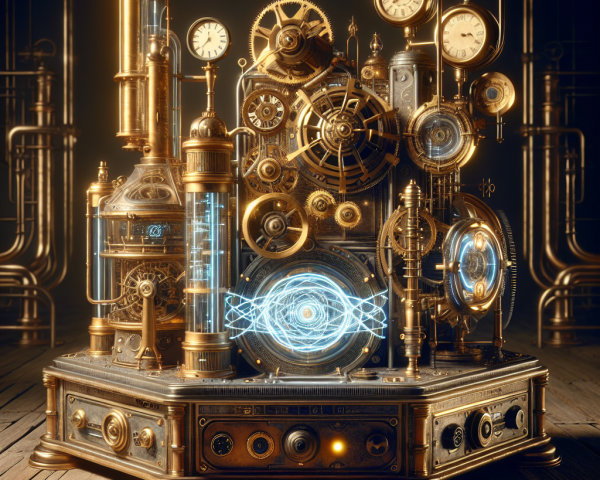 Steampunk Machine with Brass Gears and Glowing Tubes
