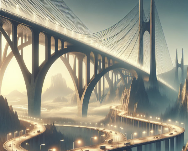 Futuristic Bridge Over Misty Valley with Mountains