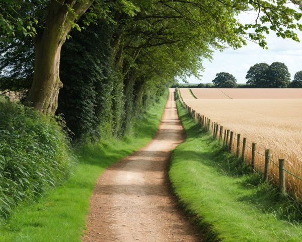 Serene Dirt Path Through Lush Greenery and Fields