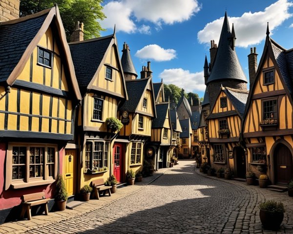 Charming Cobblestone Street with Colorful Cottages