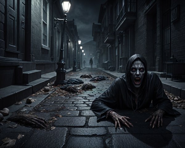Eerie Scene of Shadows and Menacing Creatures