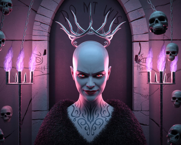 Eerie Chamber with Pale Figure and Flickering Flames