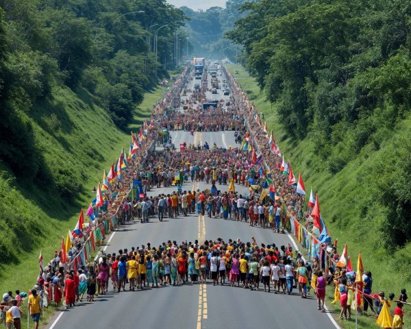 Vibrant Crowd on Highway Surrounded by Green Hills