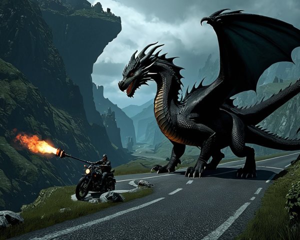 Black dragon and biker in a mythical landscape scene