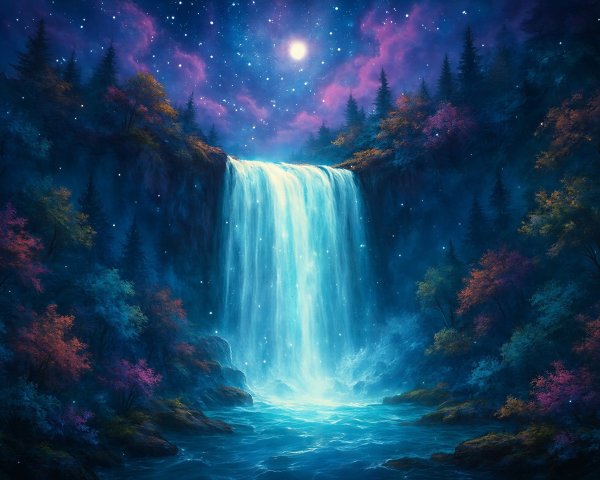 Dreamlike Landscape with Waterfall and Starry Sky
