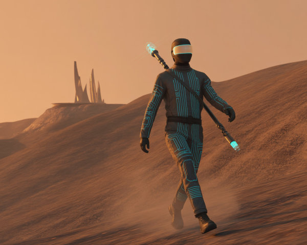 Futuristic figure in illuminated suit on sandy landscape